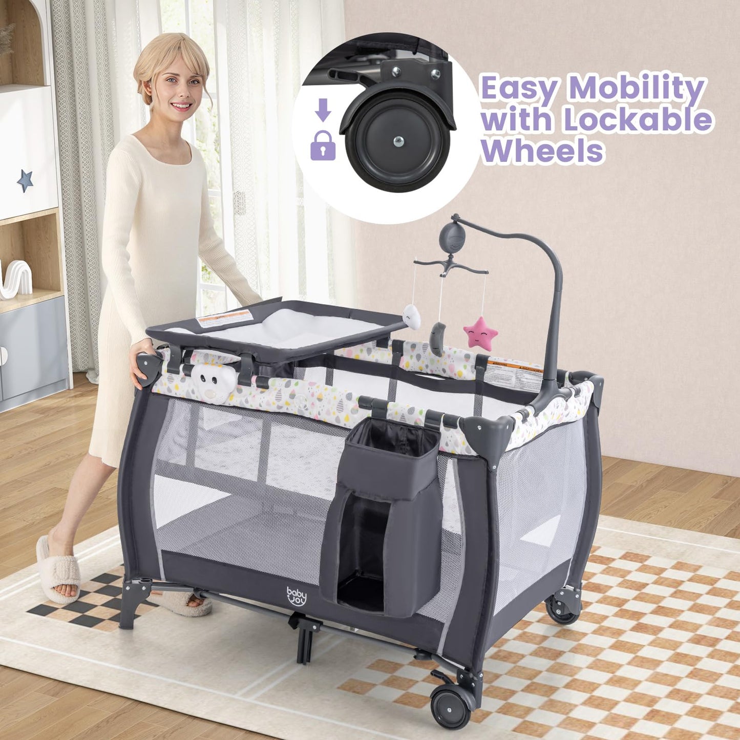 Costzon 3 in 1 Pack and Play with Bassinet, Portable Baby Playard with Changing Table, Music Box, Whirling Toys, Wheels/Brake, Basket, Foldable Infant Bassinet Crib for Baby Toddlers Indoor Outdoor