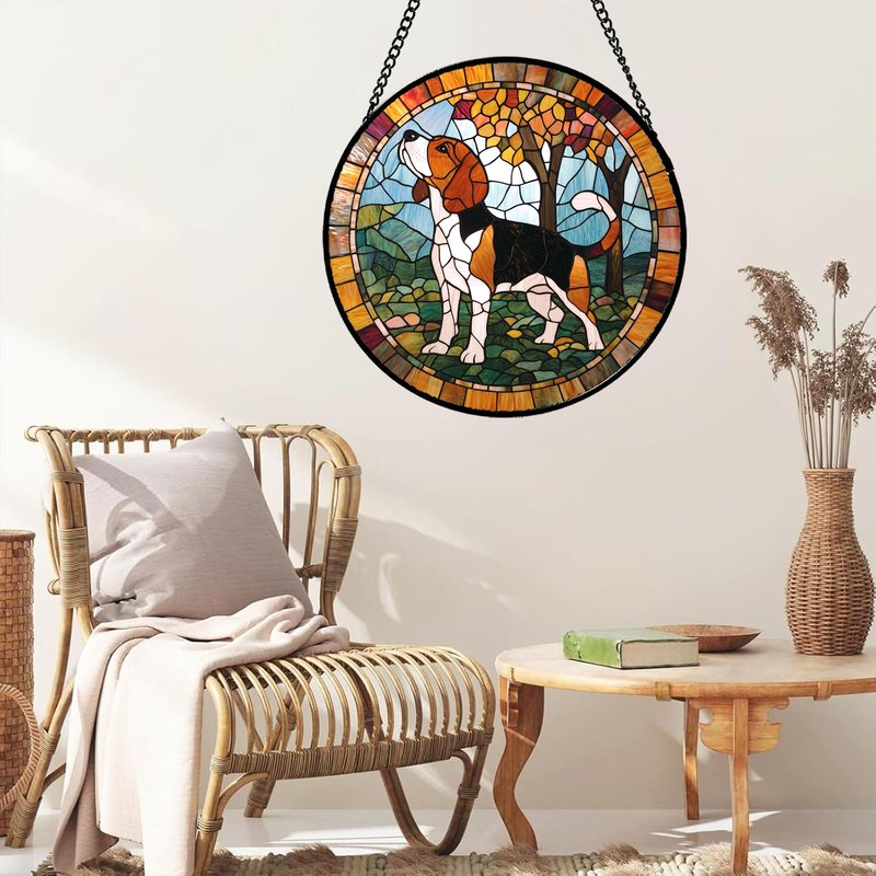 GEFOS Stained Glass Window Hanging Cute Dog Beagle Trees Large 11.8" - Suncatcher Door Garden Sunroom Sun Catcher Home Decor Birthday Christmas for Lost Pets Mom Men Woman Nana