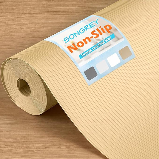 Songrey Non-Adhesive Shelf Liner, 12IN x 20FT Waterproof Cabinet & Drawer Liner, EVA Material Non-Slip Mat for Kitchen Cupboard, Refrigerator, Easy to Cut, Washable, Beige