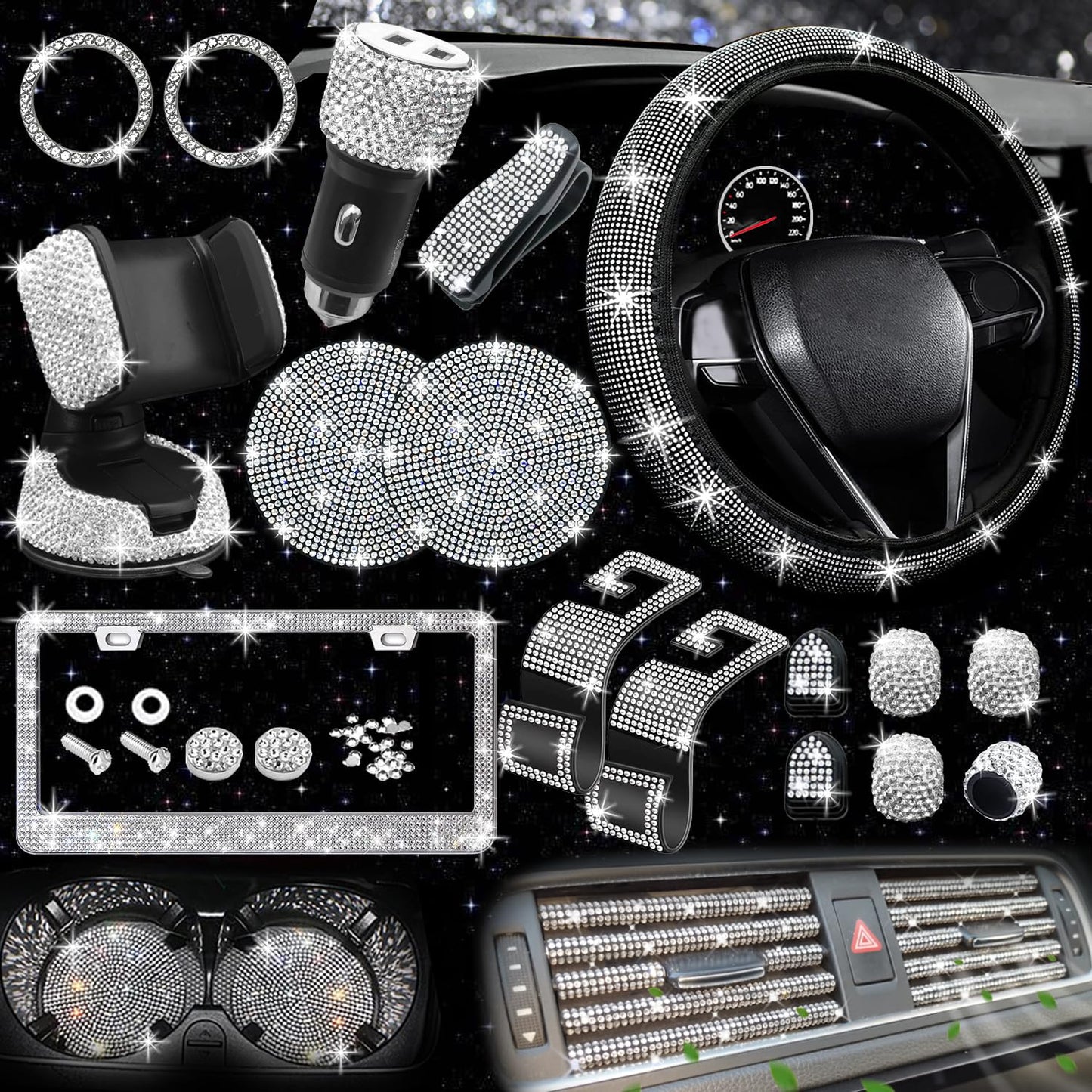 NBTEPEM 27 PCs Bling Car Accessories Set for Women, Steering Wheel Covers Universal Fit 15 Inch, Bling License Plate Frame, Bling Phone Holder, Bling Car Coasters (Silver Diamond)