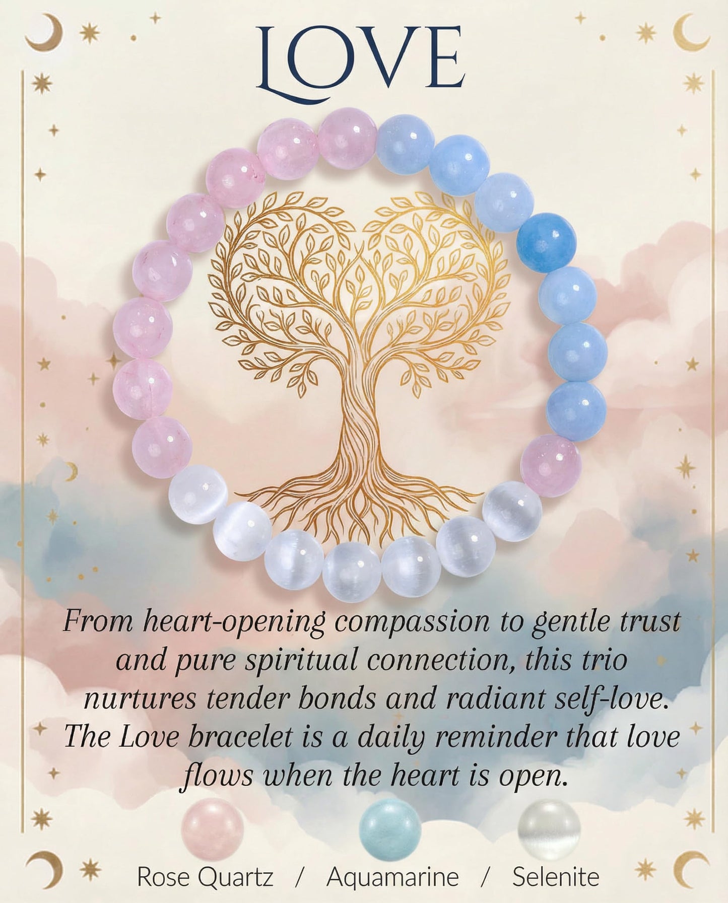 Bivei Love Bracelet, Strength Crystal Healing Bracelet 8MM with Rose Quartz & Aquamarine & Selenite - Spiritual Stretch Beaded Jewelry for Women Men Gift