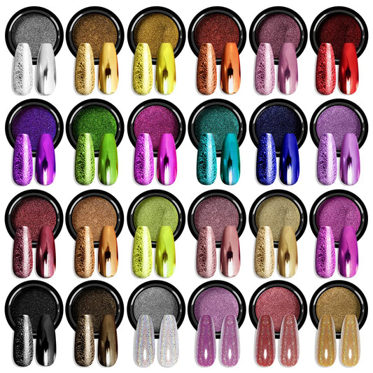 SAVILAND Chrome Nail Powder Set: 24 Colors Metallic Mirror Effect Holographic Iridescent Chrome Powder for Gel Nails, Nail Art Design Kit for Beginners DIY Manicure Home Salon Use