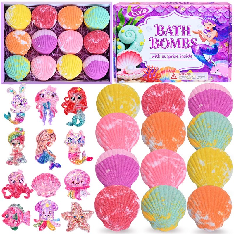 Bath Bombs for Kids with Surprise Toys Inside, 12 Pcs Kids Bath Bombs Gifts for Birthday Christmas Easter Party Favor, Handmade Shell Bubble Bath Kit with Mermaid Toys for 4 5 6 7 8 Year Old Girls