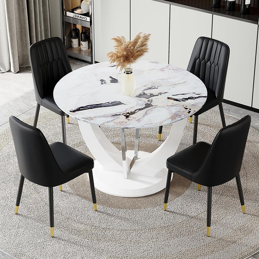 JUFU Round Dining Table Set for 4, 47" White Dinner Table Set for 4 with Marble Pattern Tabletop and PU Upholstered Black-007 Chairs, Modern 4 Chair Dining Table Set for Dinning Room, Living Room