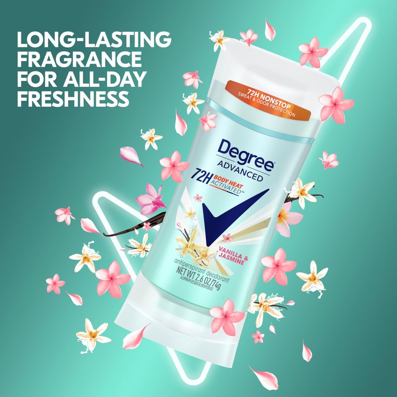 Degree Advanced Protection Antiperspirant Deodorant Vanilla & Jasmine for 72-Hour Sweat & Odor Control for Women, with Body Heat Activated Technology, 2.6 oz (Pack of 2)