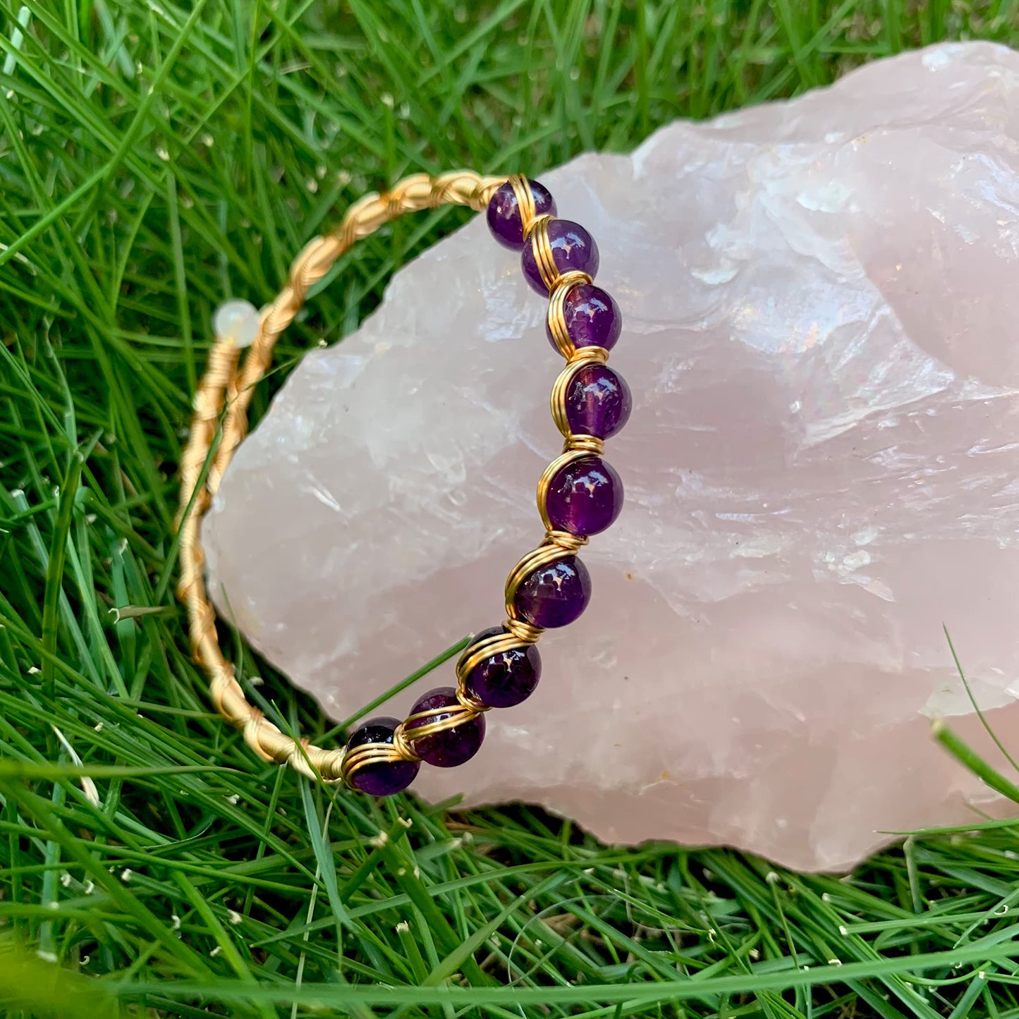 PSEEHEE Handmade Genuine Amethyst Beads 14k Gold Filled Wire Wrapped Bracelet, Birthstone Chakra Healing Crystal Chips Adjustable Bangle Cuff Jewelry Gift for Women Men