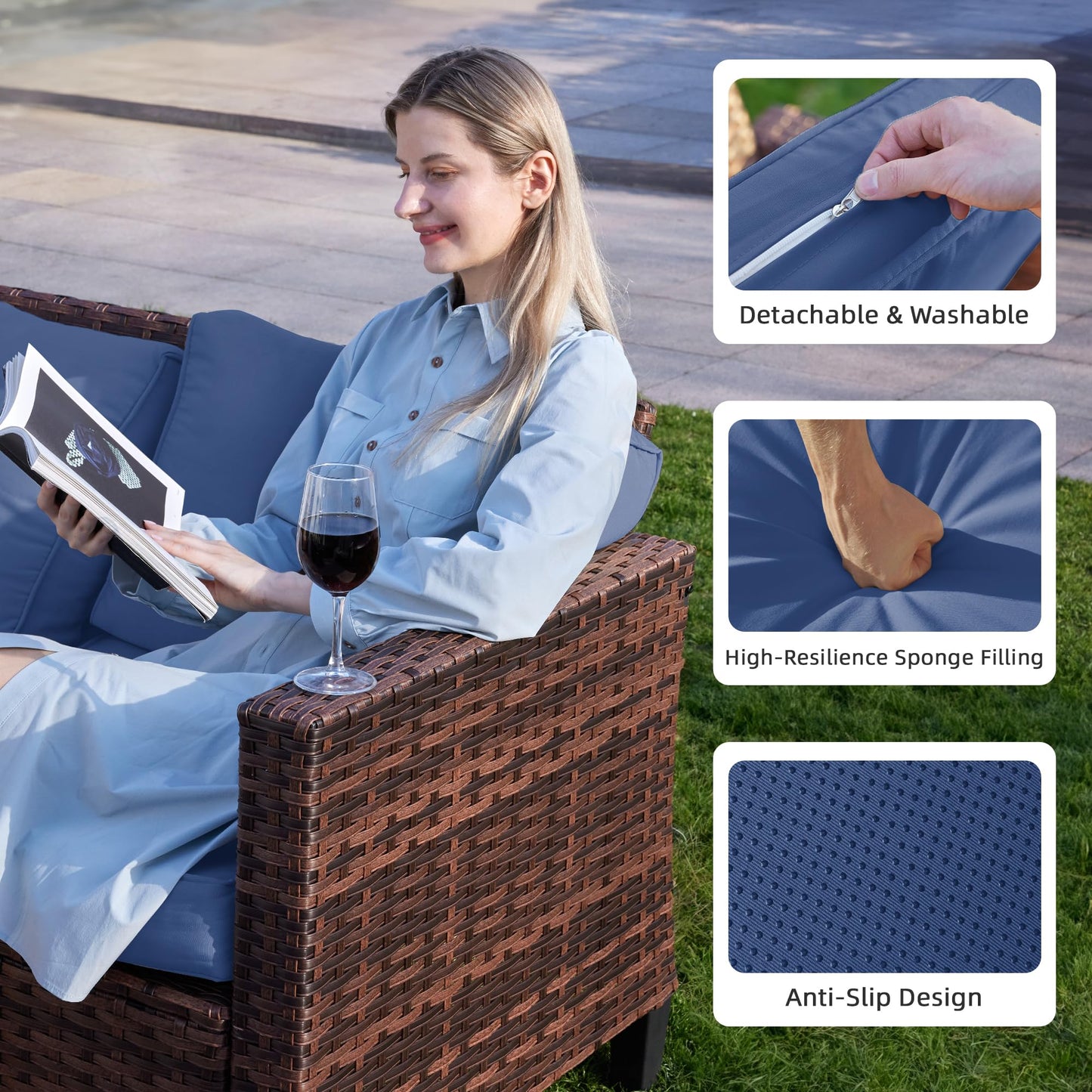 UDPATIO Patio Furniture Set, 5 Pieces Outdoor Conversation Sets with Rocking Swivel Chairs, Wicker Rattan Outdoor Sofa Set with Storage Table and Waterproof Covers for Backyard, Deck, Porch, Navy