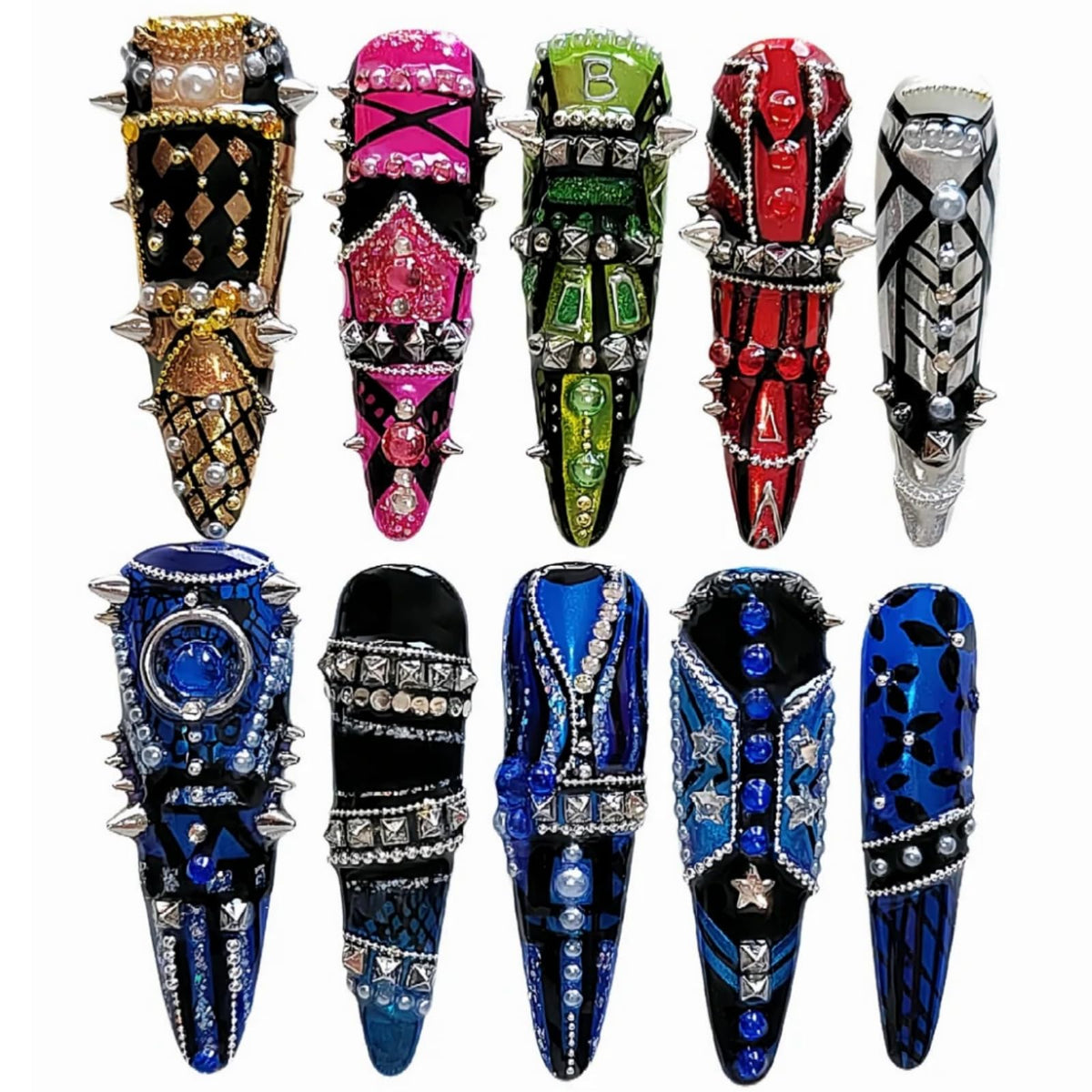 3D Mini Metal Punk Nail Art Studs, Mixed Sizes Gold Silver Black Alloy Cone Spikes Rivets Steel Beads Balls Goth Nail Charms with Tweezers & Dual-end Brush for Nails DIY Crafts Decorations (17-K1)