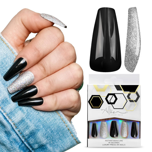 Allkem Press On Nails |Midnight Black Medium Long Tapered Ballerina 10 sizes - 20 pcs Coffin Nail Kit with Glue
