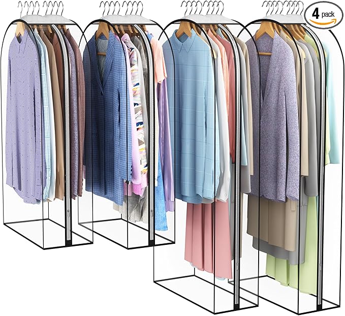 Liuoud Clear Garment Bag for Hanging Clothes 10â Gusseted, (40&50") Suit Bags for Open Closet Storage Plastic Clothes Cover for Coat, Dress, Shirts, Fur, Jacket, Wardrobe Protectors, 4 Pack