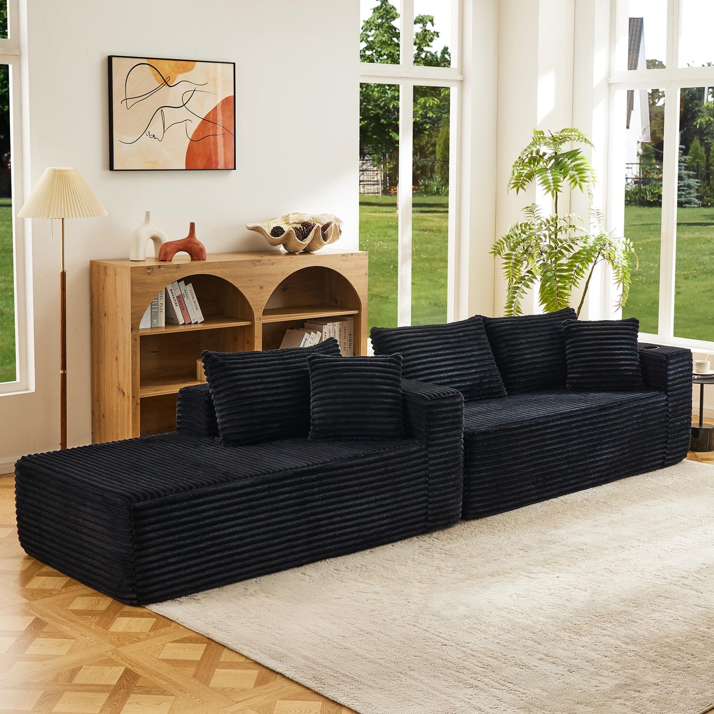 Fahomiss Modular Compressed Sectional Sofa Set – Velvet Corduroy Upholstery, Convertible Couch with Cup Holders and Pillows for Living Room, Black
