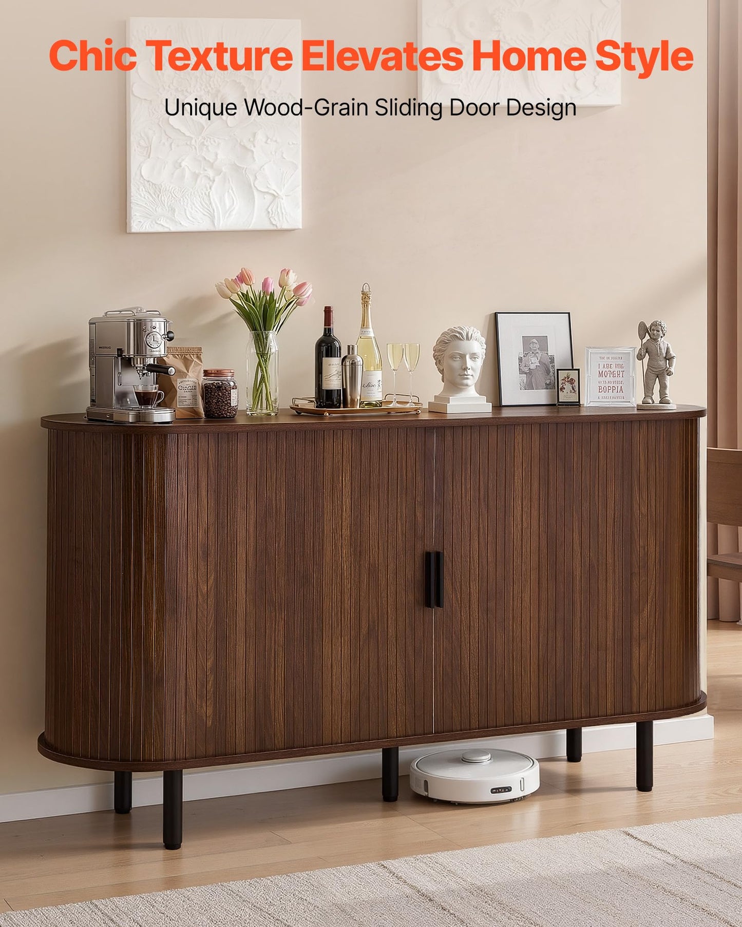 VEVOR Coffee Bar Cabinet, Mid Century Buffet Cabinet with Storage, Sideboard Cabinet with 2 Sliding Doors, Sideboard Buffet Station for Living Room, Entryway, Kitchen, 55.1 x 15.7 x 29.5 in, Walnut