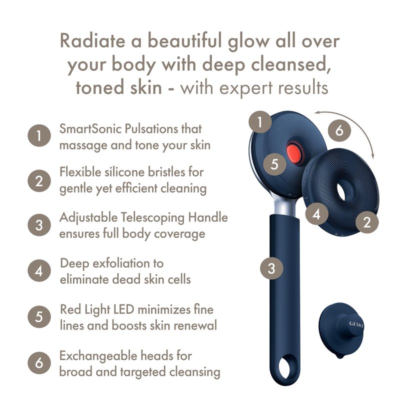 GESKE LED Sonic Full-Body Brush | 9 in 1 | Body Cleansing Brush & Intensive Exfoliator with LED | with SmartSonic Pulsations | Expert Deep Cleansing & Massage | Rough Skin Remover | Adjustable Handle