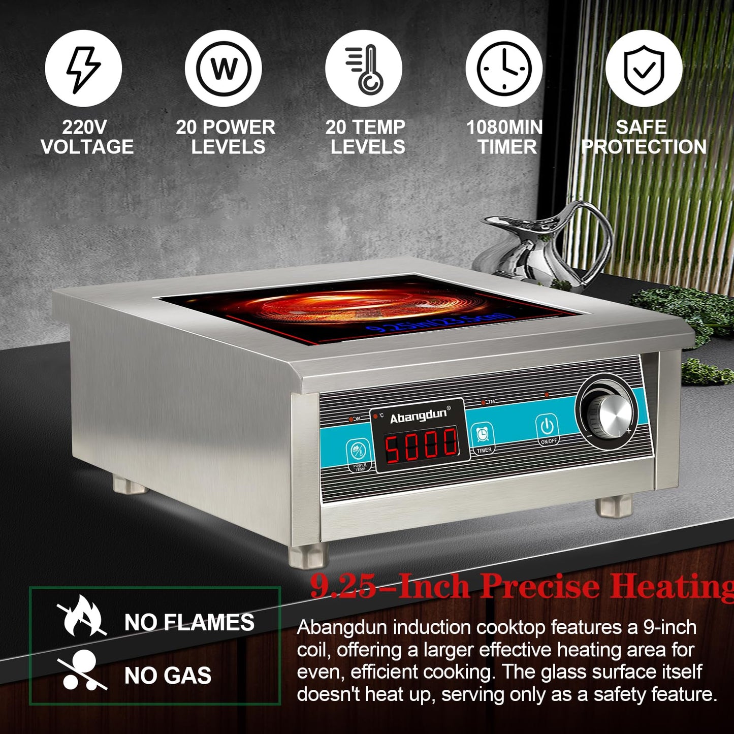 Abangdun 5000W Commercial Induction Cooktop - Professional Electric Burner with Timer for Restaurant