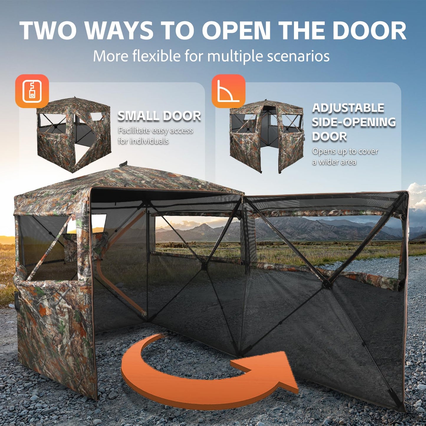 FUNHORUN Hunting Blind 360 Degree See Through Double Door Ground Blind for Hunting, 2/3 Person Pop Up Portable 58" Camouflage Deer/Turkey Tent with Blaze Orange Panels