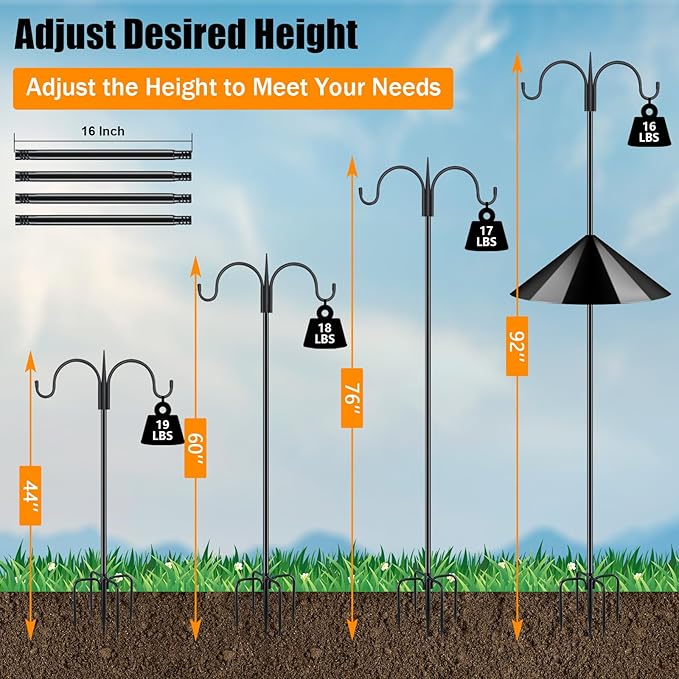 FEED GARDEN Heavy Duty Shepherds Hook Squirrel-Proof Bird Feeder Pole 92" Double Hooks 5-Prong Base & 19" Baffle for Outdoor Feeders & Plants