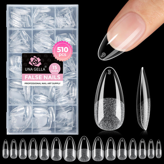 UNA GELLA Almond Nail Tips: 510Pcs Almond Gel Nails Tips 15 Sizes Pre-Etched Full Cover Almond Clear Press on Nails Acrylic False No C Curve Nail Tips for Press on Nail Extensions Home DIY Salon