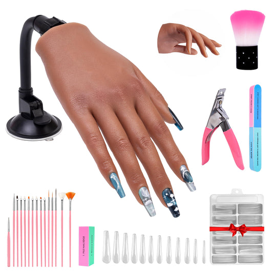 Veikmv Practice Hand for Acrylic Nails,with Flexible Fingers, Realistic Silicone Mannequin Hand Model for Nail Art Training, Gel Polish and Manicure Beginner Kit