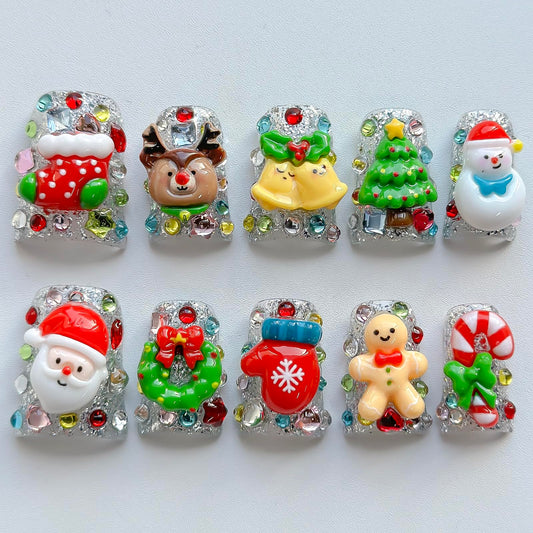 Christmas Press on Nails Luxury Short Duck Handmade 3D Unique Reusable ABS Material Fake Nails Cute False Nails with Santa Reindeer Tree Snowflake Designs Glossy Glue on Nail Thick Acrylic Nail(S)