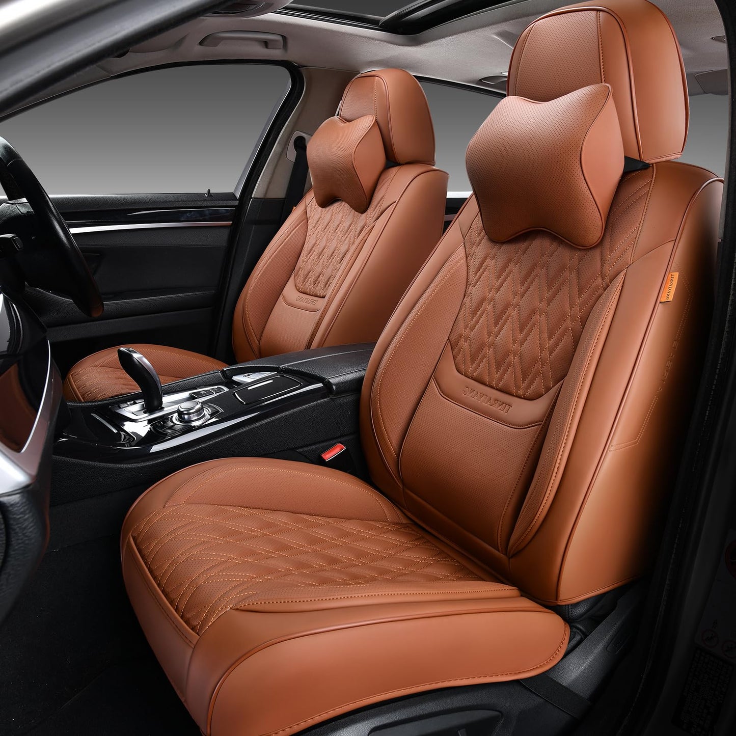 TINRAIYANG Car Seat Covers Full Set, Breathable Leather Automotive Front and Rear Seat Covers & Headrest, Universal Automotive Vehicle Seat Cover for Most Sedan SUV Pick-up Trucks, Brown