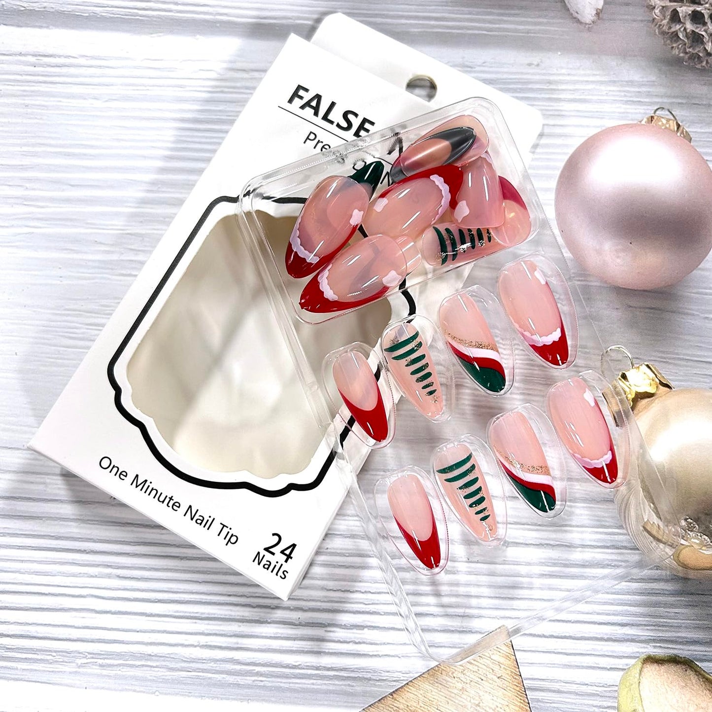 Christmas Red Press on Nails Medium Almond Artificial Acrylic False Nails Christmas Hat French Fake Nail Colorful Stripe Design Xmas Stick on Nail Winter Full Cover Artificial Fingernails for Women