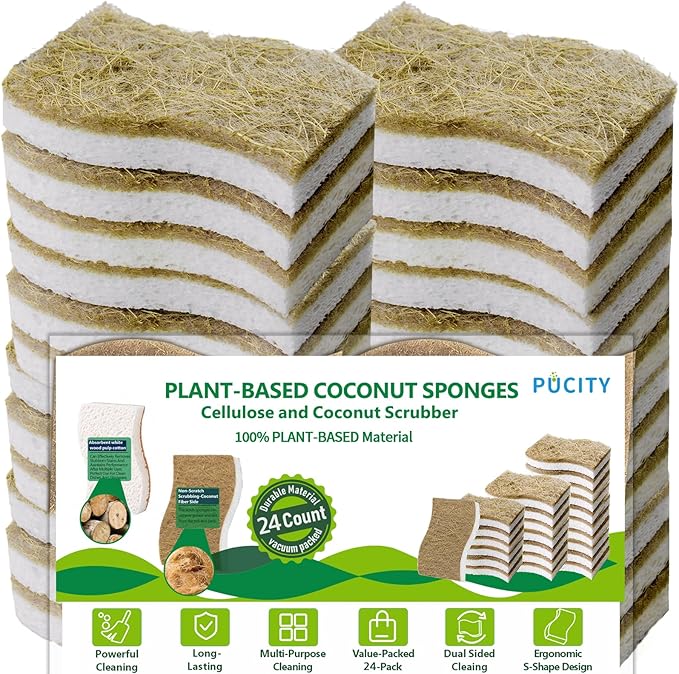 Sponges Kitchen Natural Dish Sponge Plant-Based Biodegradable Compostable Cellulose with Coconut Scrubber Sponge Non Scratch Eco Friendly Kitchen sponges for Kitchen Dishesï¼Pack of 24ï¼