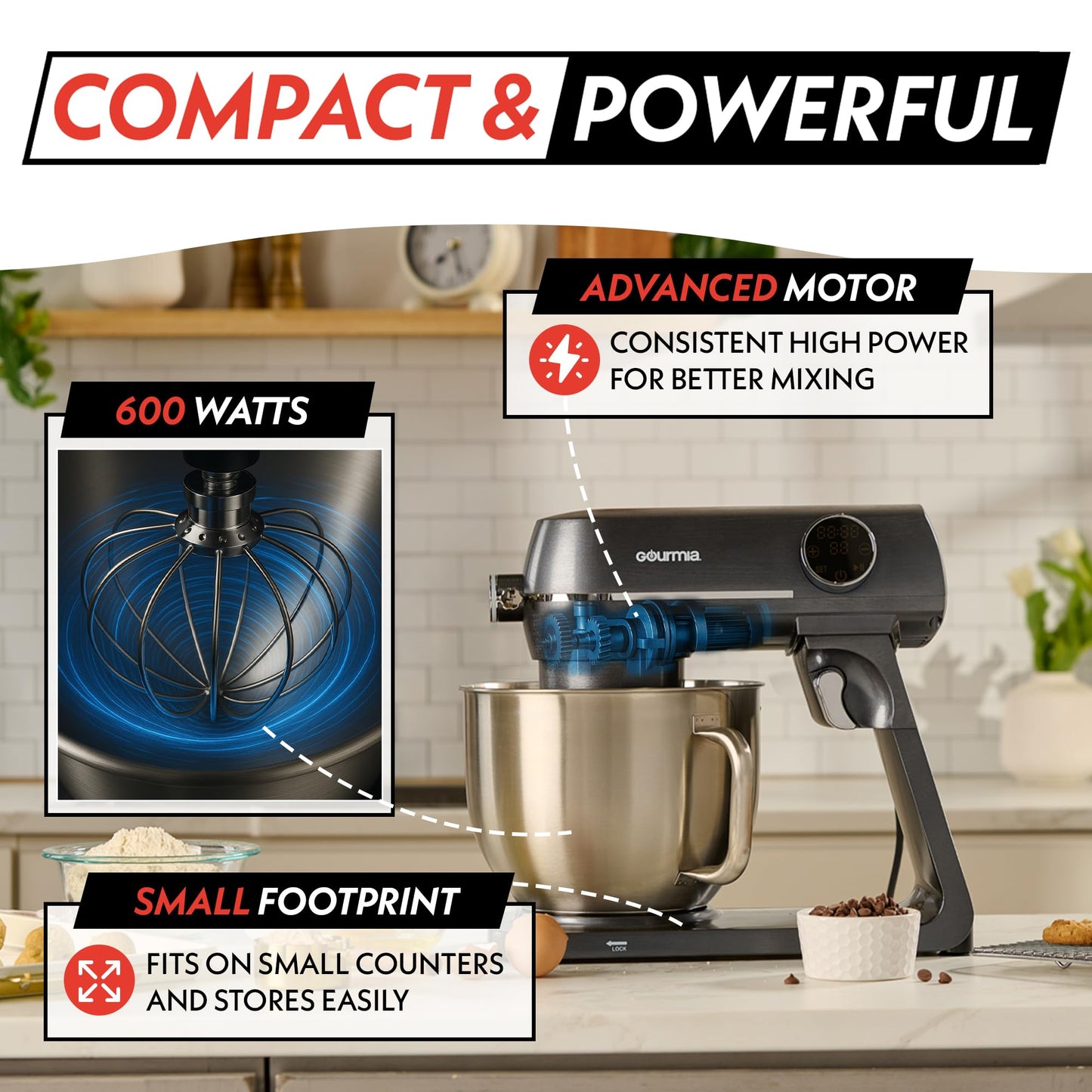 Gourmia Digital Stand Mixer - 7 QT Tilt-Head Kitchen Mixer with LED Timer, 10 Speeds, Stainless Steel Bowl, Attachments Included, 800W, Silver