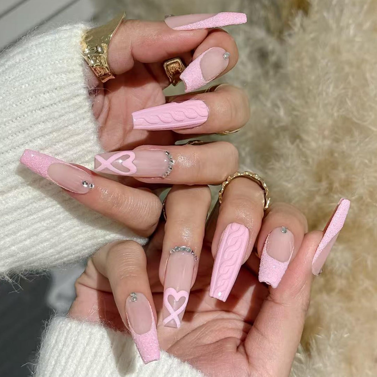 Press On Nails Pink Sweet Knit Series - Reusable False Nails with Knit Texture, Heart Design & Glitter Accents, Cute Elegant Acrylic Fake Nails for Women Daily Wear Dates Gifting (XS)