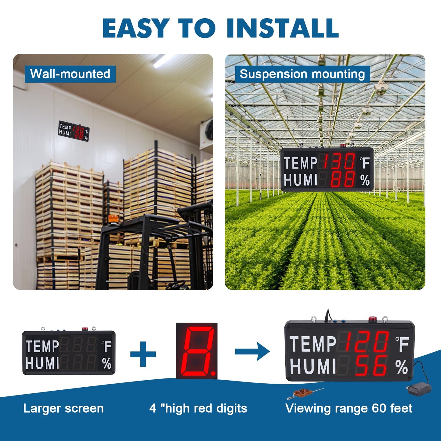 JIAWANSHUN 4" Large LED Digital Thermometer Hygrometer, -40°F-248°F & 0-100% RH, High Accuracy Humidity Temperature Monitor with Alarm for Farm, Pet House & Greenhouse