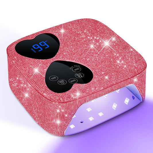 UV LED Nail Lamp Cordless, HUITINE 80W Rechargeable UV Light for Gel Nails with 5 Timers & Mirror Base, Professional Gel Light Dryer, Sparkling Rhinestones Curing Lamp for Salon & Home (Pink Diamond)