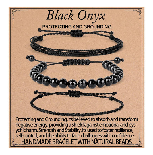 QOGIR Handmade Healing Bracelets,8mm Natural Faceted Black Onyx Gem Stone Beads Bracelet for Men Women Gifts with 2PCS Size Adjustable Rope Bracelets