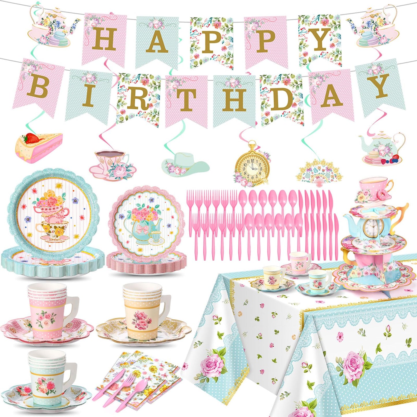 SiliFine 106 Pcs Tea Party Supplies for 12 Guests Include Plates Tea Cups Saucers Napkins Cupcake Stand Tablecloth Banners Floral Tea Party Tableware Set for Girls Birthday Baby Shower Party Favors