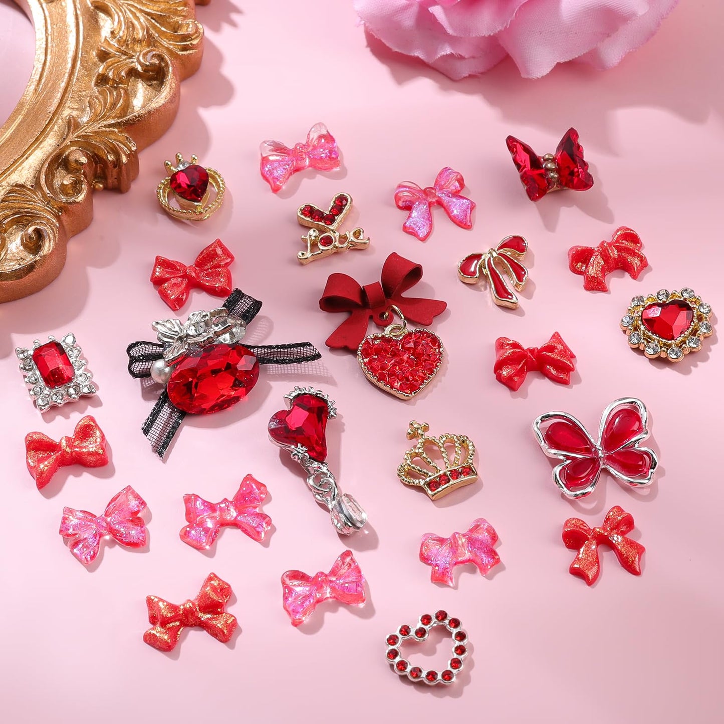 5 Boxes Nail Charms and Gems, 24Pcs Y2k Alloy Nail Art Rhinestone Charms 3D Bow Flower Crown Heart Star with Tweezers and Pick up Tools for Women Nail Design DIY Crafts Face Makeup Gems Jewels(Red)