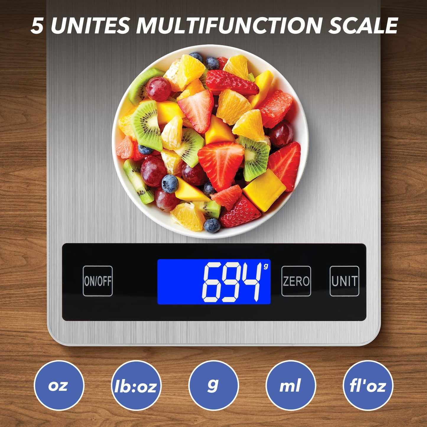33lb Food Kitchen Digital Scale,1g/0.05oz Precise Graduation, USB Charging Kitchen Scale, Waterproof Stainless Steel with LCD Display, Ounces and Grams for Weight Loss, Cooking, Baking (Silvery)