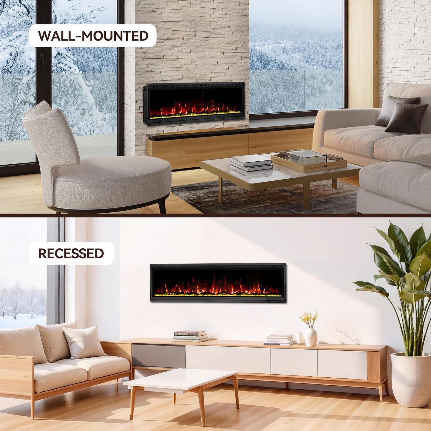 40" Linear Electric Fireplace Heater Insert: Ultra-Narrow Frame Wide Screen, 13 Flame & Ember Colors, 3 Top Light Colors. Wall Mount/Recessed,1500W/750W with Remote & Touch Control, Log & Crystal Set