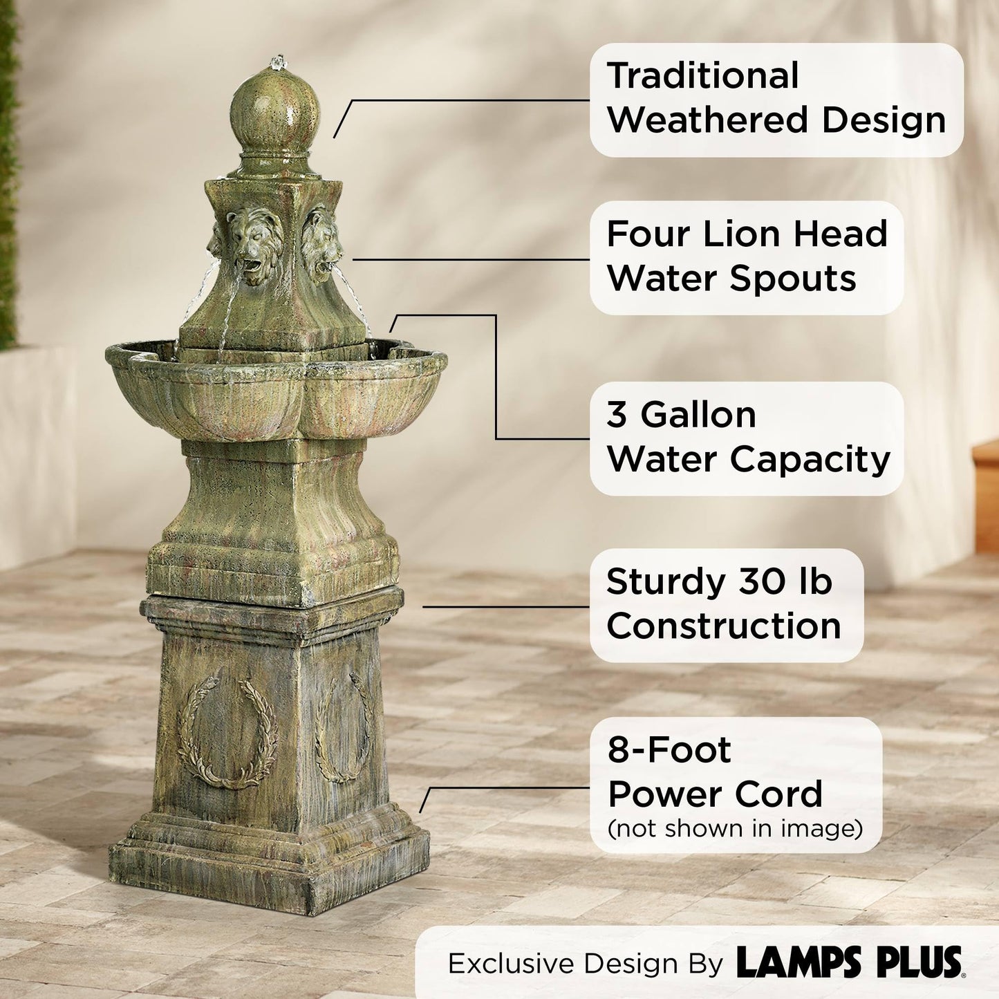 Royal Lion 54" High Large Italian Outdoor Decor Faux Stone Floor Fountain Standing Pedestal Tall Bubbler Water Feature for Outside Garden Patio Yard Backyard Porch Deck Relaxation - John Timberland