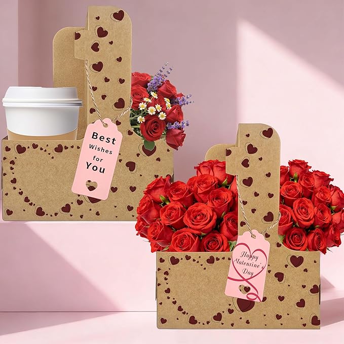 32 Set Drink Carrier,Cardboard Cup Holder with Love, Coffee Cup Holder with Handle,Coffee Carrier with Greeting Card and Ribbon for Valentine's Day Gifts Party Gift,Kraft