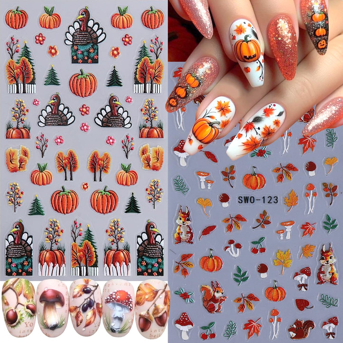 2Sheets Thanksgiving Nail Art Stickers 5D Embossed Squirrel Maple Leaf Nail Decals Self-Adhesive Turkey Pumpkin Designs Nail Sticker Fall Leaves Mushroom Nail Decal for Women DIY Manicure Decoration
