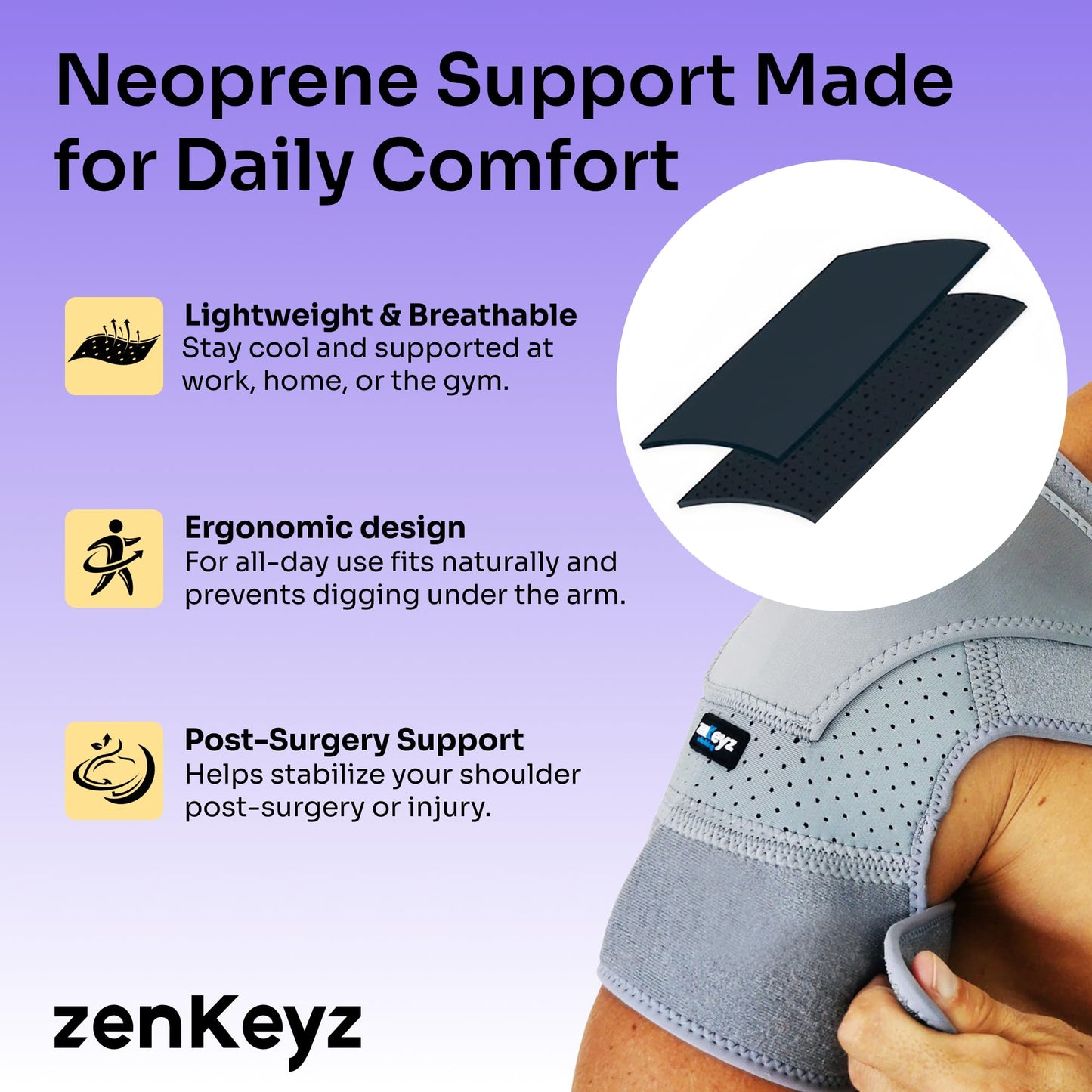 ZENKEYZ Shoulder Brace for Men & Women - Size S/M (Chest 28-38") - Gray Neoprene Compression Sleeve - Adjustable Strap for Rotator Cuff & Joint Stability - Integrated Ice/Heat Pocket - Ambidextrous Support"