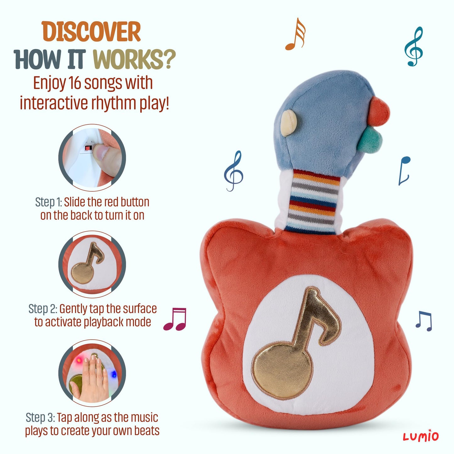 Lumio Interactive Musical Plush Toy with Lights and Drum Sounds - Sensory Toy for 3 6 9 12-18 Months and up, Perfect for Tummy Time Rhythm Learning (Piano)