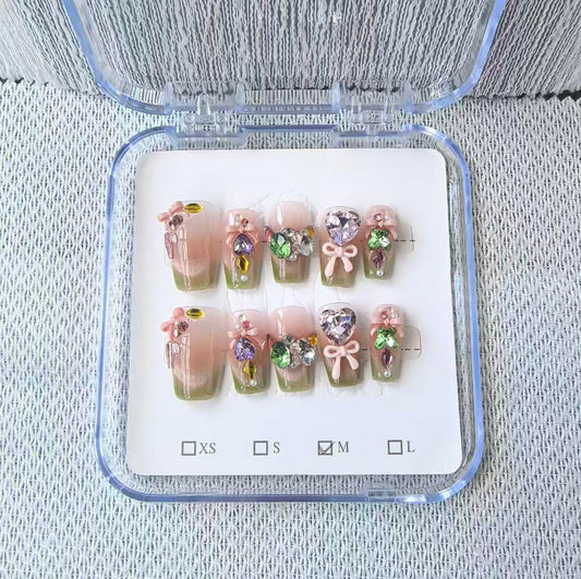 Handmade Press on Nails Long Coffin False Nails Green French Tip with 3D Rhinestones Designs Charm Cute luxury Sparkly Acrylic Nails for Women (Size M）10pcs