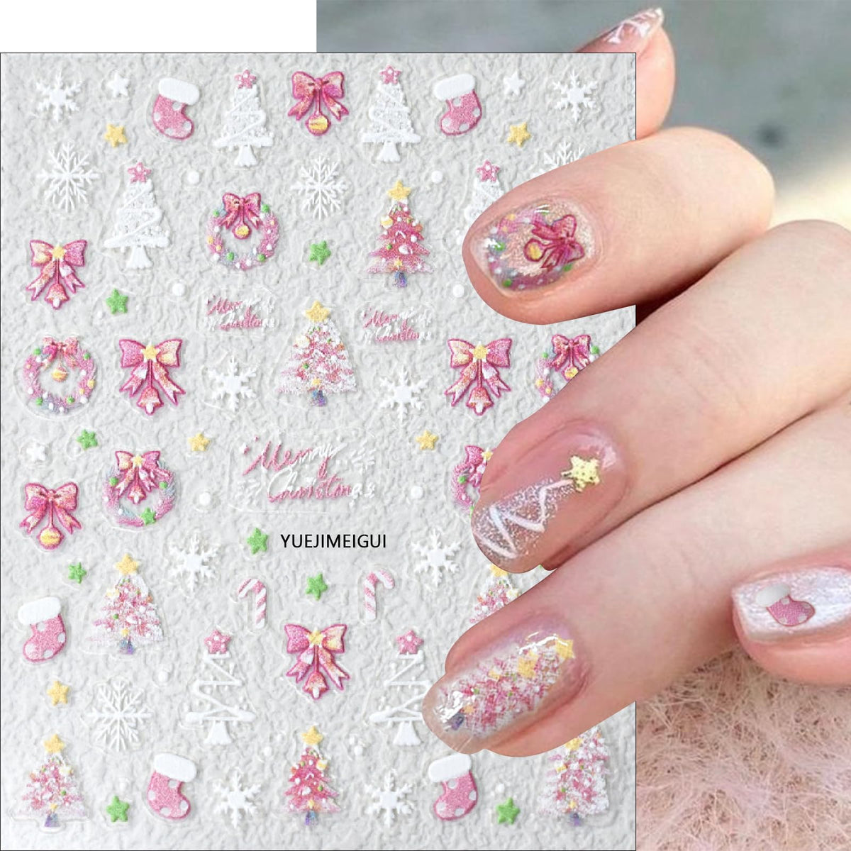 Pink Christmas Nail Art Stickers 5D Embossed Christmas Tree Self-Adhesive Nail Decals Winter Christmas Tree Elk Snowflake Nail Design Supplies Xmas Holiday Cute Stickers for Women Girl Manicure 3PCS