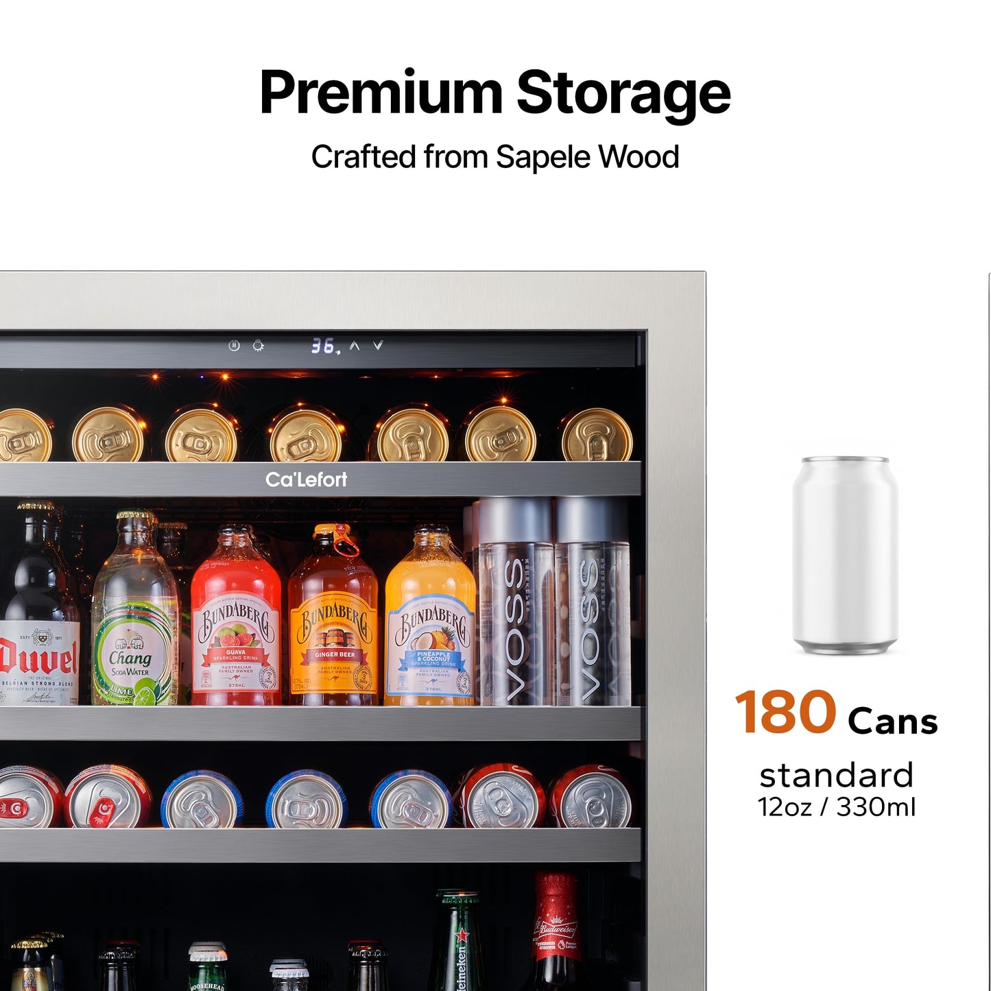 Ca'Lefort 24 Inch Beverage Refrigerator - 180 Can Beverage Fridge with 34°-54°F, Built in or Freestanding Beverage Cooler with Glass Door and 3 LED, Drink Fridge for Home/Kitchen(5.65 cu.ft)