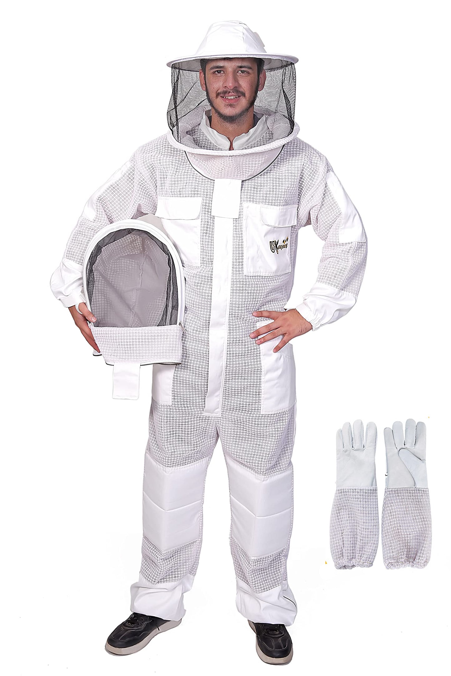 USKEEPERS 3-Layer Ultra Ventilated Bee Suit for Men & Women â Premium Beekeeping Suit with Bee Gloves & Two Detachable Beekeeping Veils (White 2XL)