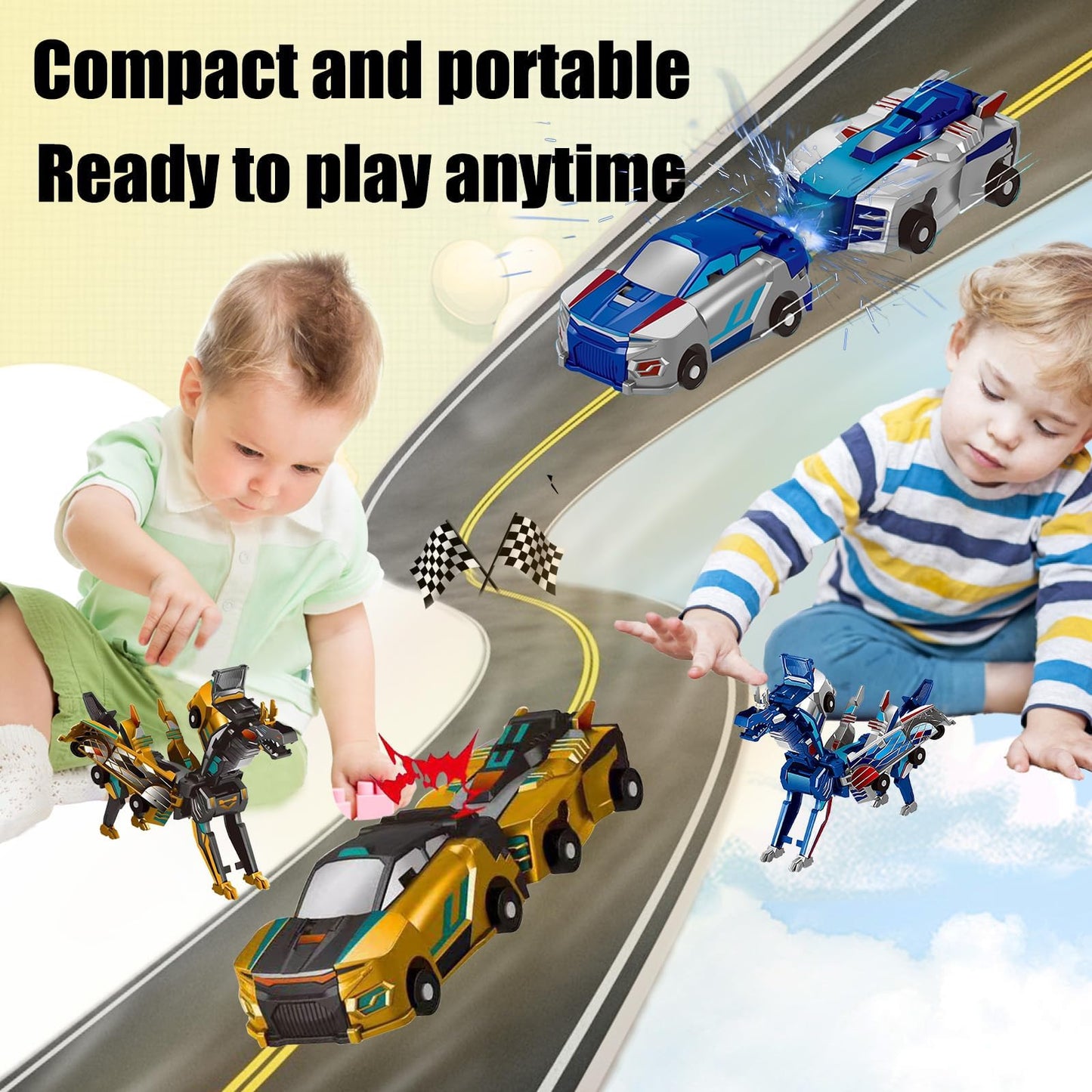 Aimery Collision Transforming Dinosaur Car Toy, 2 Magnetic Cars Convert into Dinosaur Toys,Dino Robot Toy, Boys Toys,Kids Toys, Party Birthday for Kids (Gold Blue)