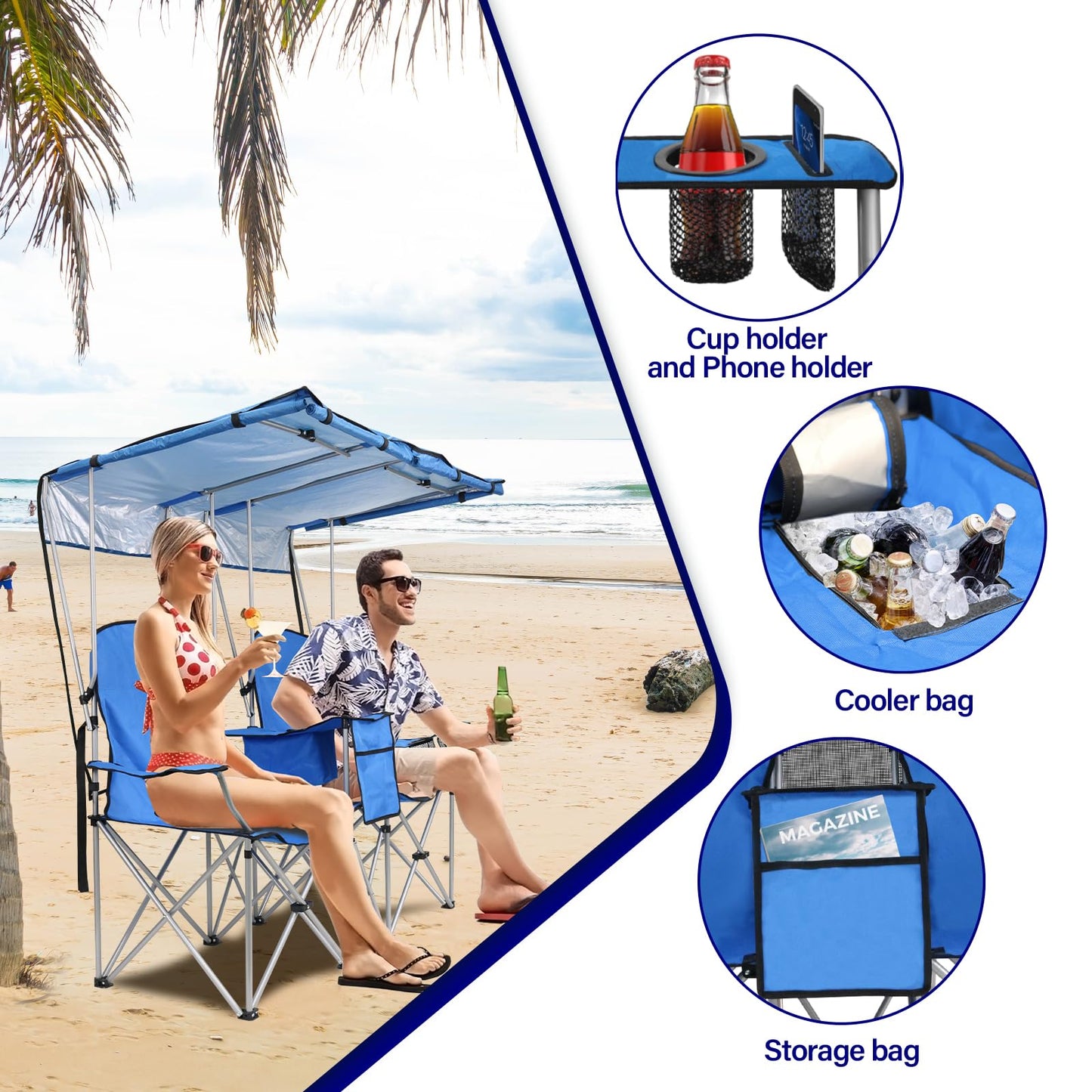 ptlsy Double Camping Chair with Canopy, Folding Two-Person Seat, Portable Outdoor Loveseat with Shade, Folding Chairs for Beach, Lawn, and Outdoor Activities (Blue)