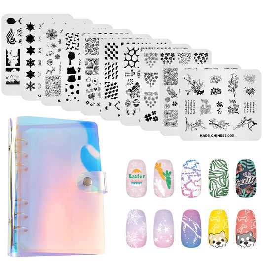 KADS 11pcs Nail Stamp Plates Set 10 Plates Christmas Snowflakes Cute Animals+ 1 Laser Symphony Storage Bag Christmas Nails Art Stamping Plate Set Leaves Flowers Animal Nail Plate Template Image Plate