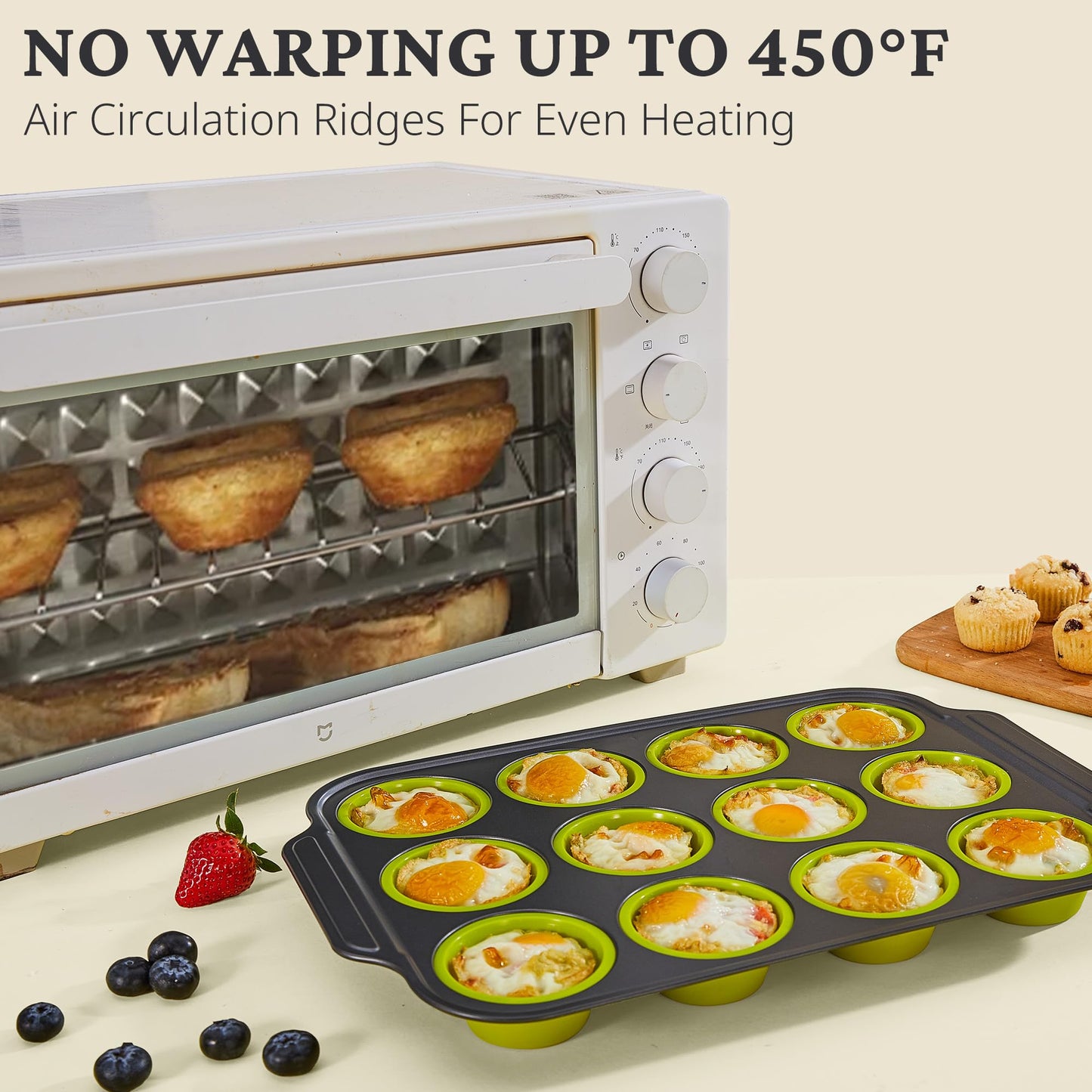 BRONYPRO Silicone Muffin Pans for Baking with Metal Frame, Egg Bite Maker Silicone Molds, Cupcake Pans 12 Regular Size, Muffin Tins Easy to Pop Nonstick Non Toxic Bakeware for Oven, Lime Green