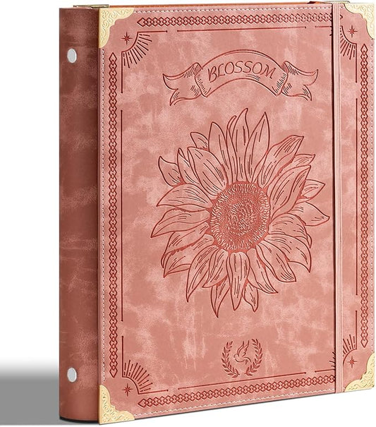 Ovesmusl Sunflower PU Leather 3 Ring Binder Fits 8.5"x11" Letter Size Paper, 1.5 Inch Round Ring Binder Holds 350 Sheets, Notepad Paper Cover Loose Leaf Organizer, Pink