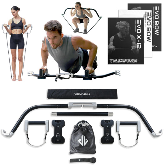 EVO Bow - All in One Portable Home Gym System with Weighted Pushups | Compact Strength Training and Exercise Equipment for Travel with Notched Resistance Bands for Full Body Training | 300lbs (Ultra)
